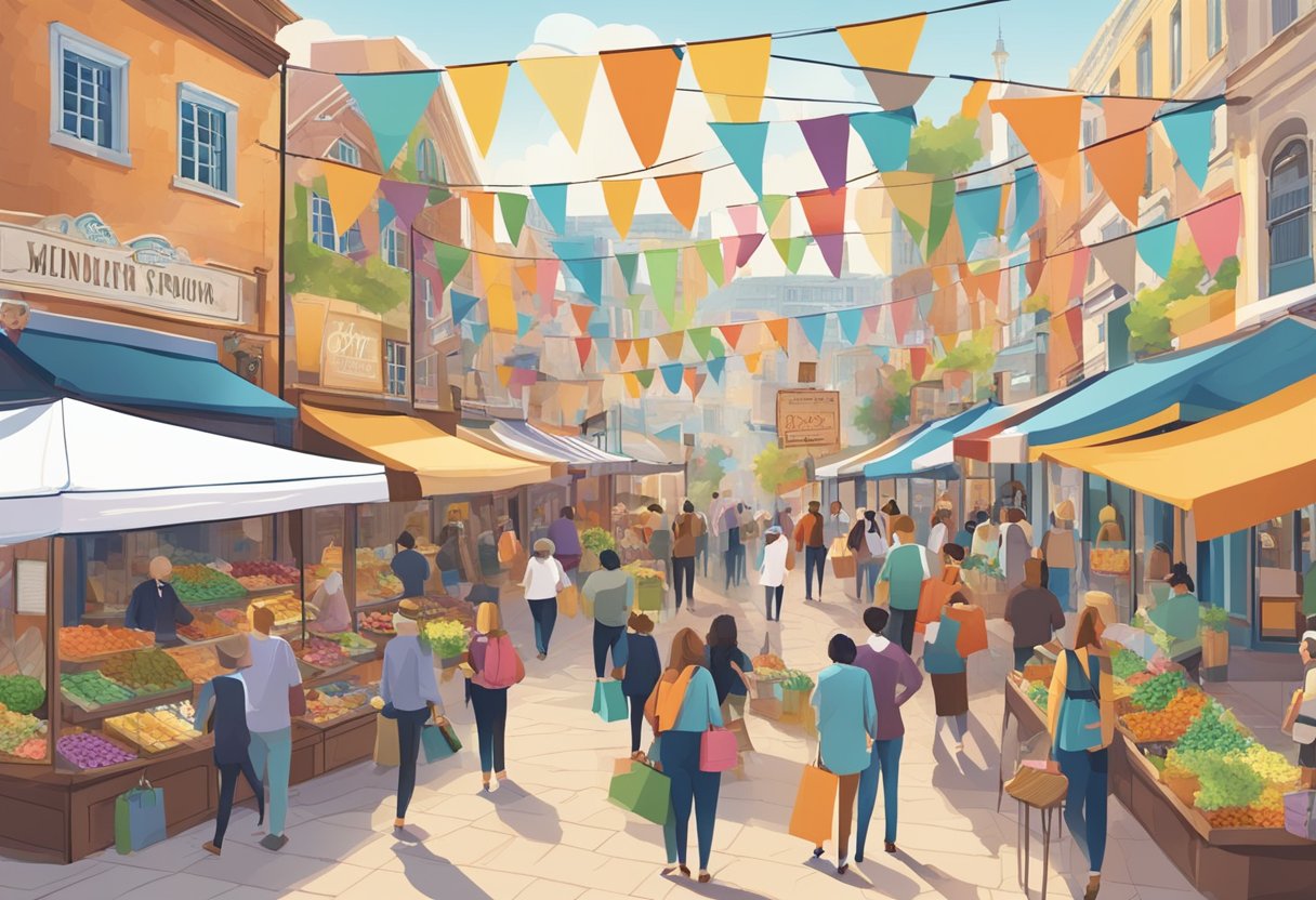 A bustling town square with colorful banners and signs, featuring a variety of small businesses. People are seen mingling and browsing the different offerings