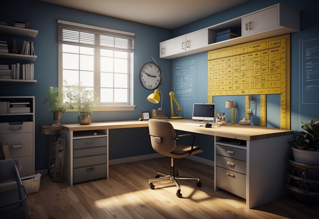 A room with a tape measure, blueprints, and a calculator on a desk. Cabinets and shelves line the walls, with space for customization