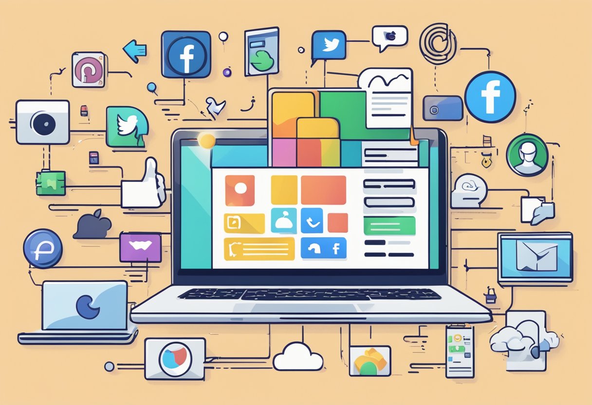 A laptop surrounded by various social media icons, a search bar with the words "promote for free," and a glowing SEO checklist