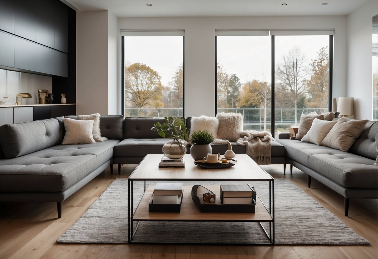 A modern, spacious living room with sleek, custom-built furniture and clever storage solutions. The clean lines and functional design add value to the property