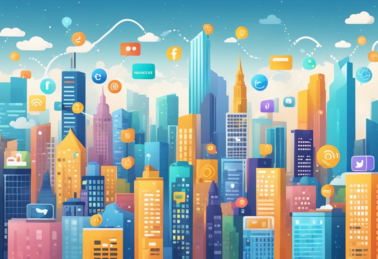 A vibrant city skyline with various digital platforms and social media icons floating in the air, representing different free channels for content marketing