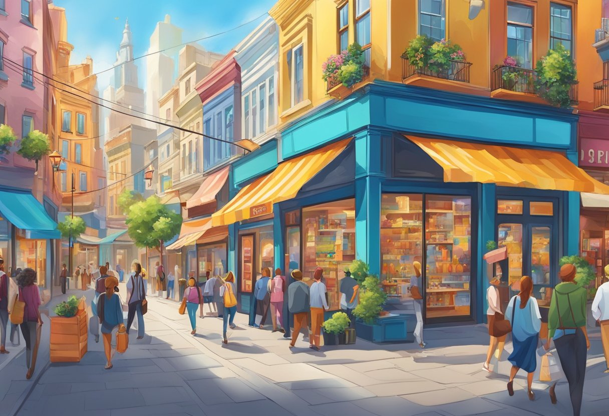 A vibrant cityscape with bustling streets and colorful storefronts, surrounded by eye-catching promotional posters and banners. The scene exudes energy and excitement, drawing in potential customers