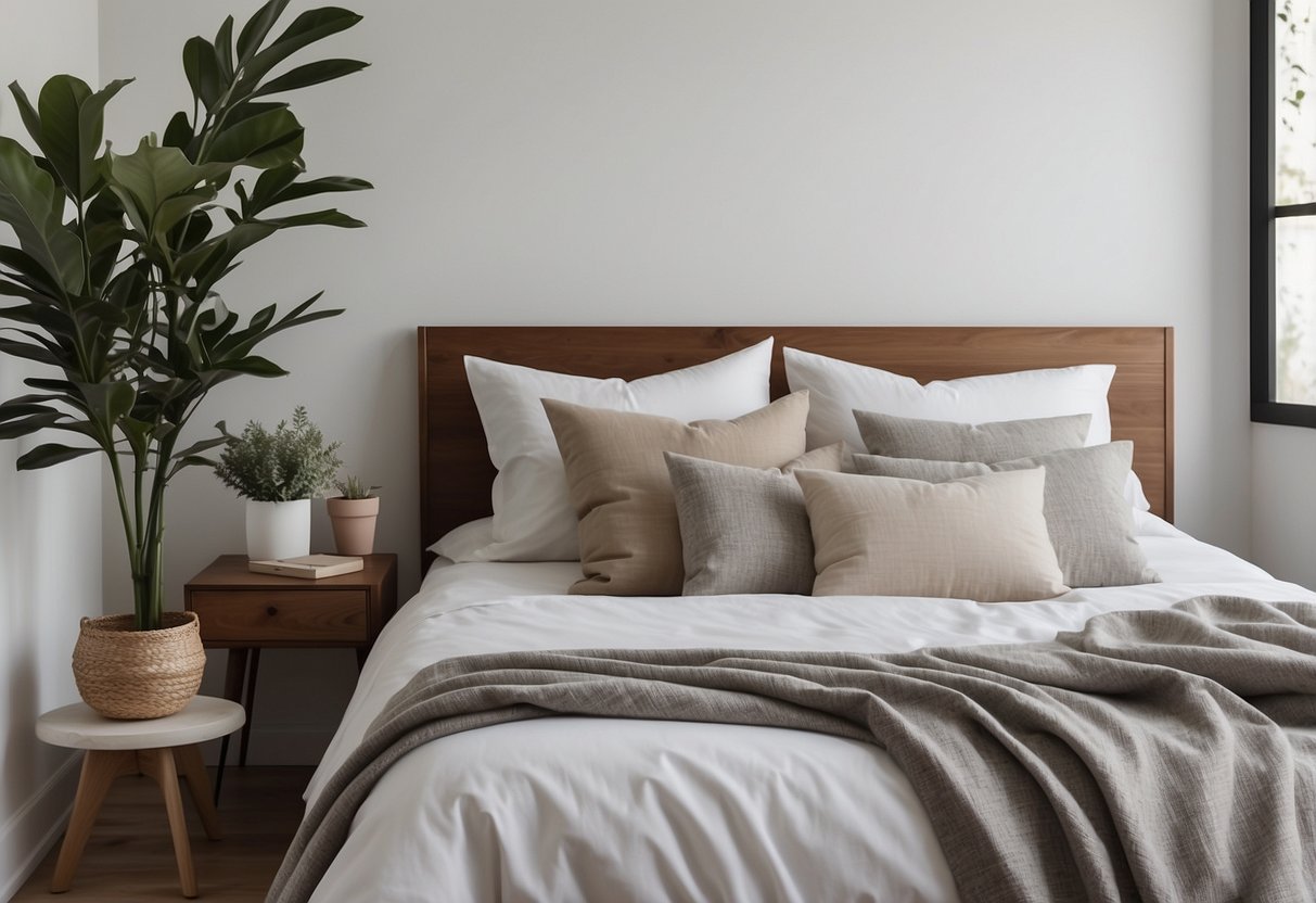 A serene bedroom with clean lines, neutral colors, and minimal furniture. A simple bed with crisp white linens, a sleek desk with a single plant, and a few carefully chosen decor pieces