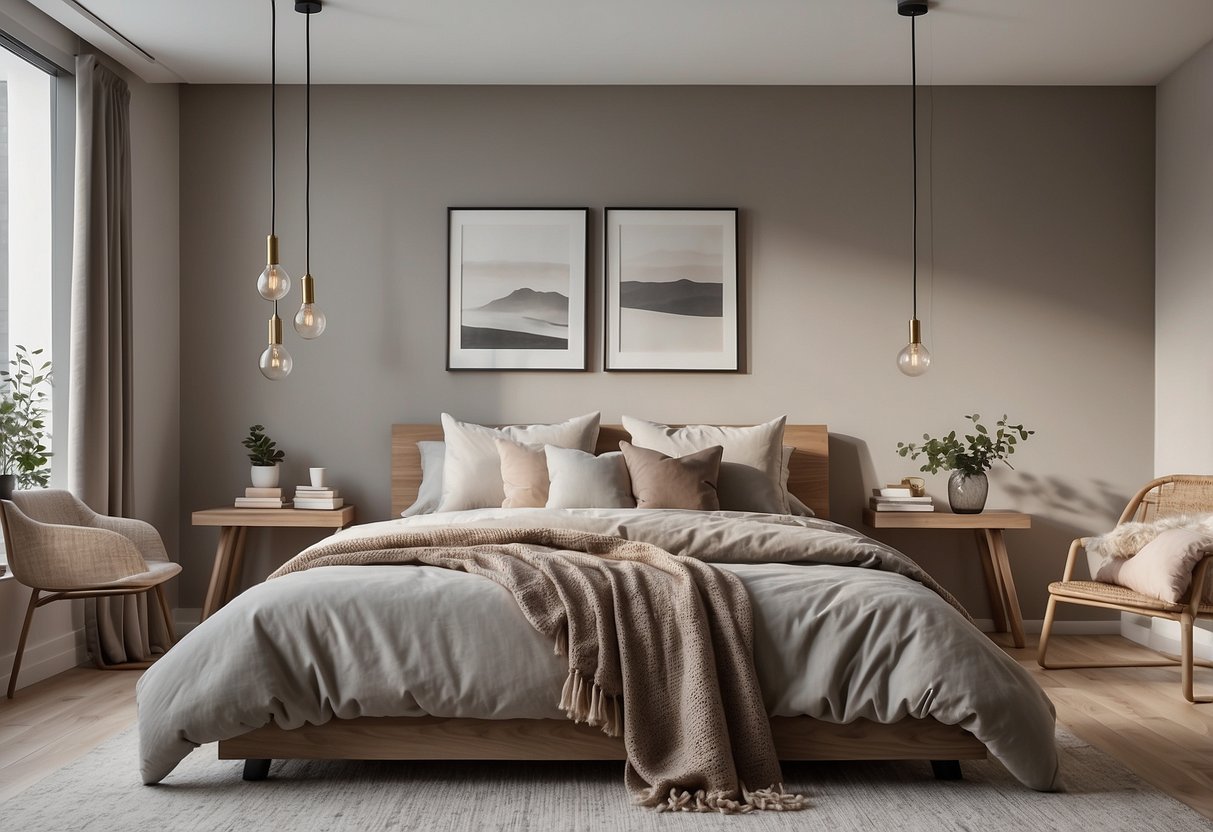 A minimalist bedroom with neutral tones, clean lines, and simple furniture. A carefully curated color palette adds warmth and depth to the serene space