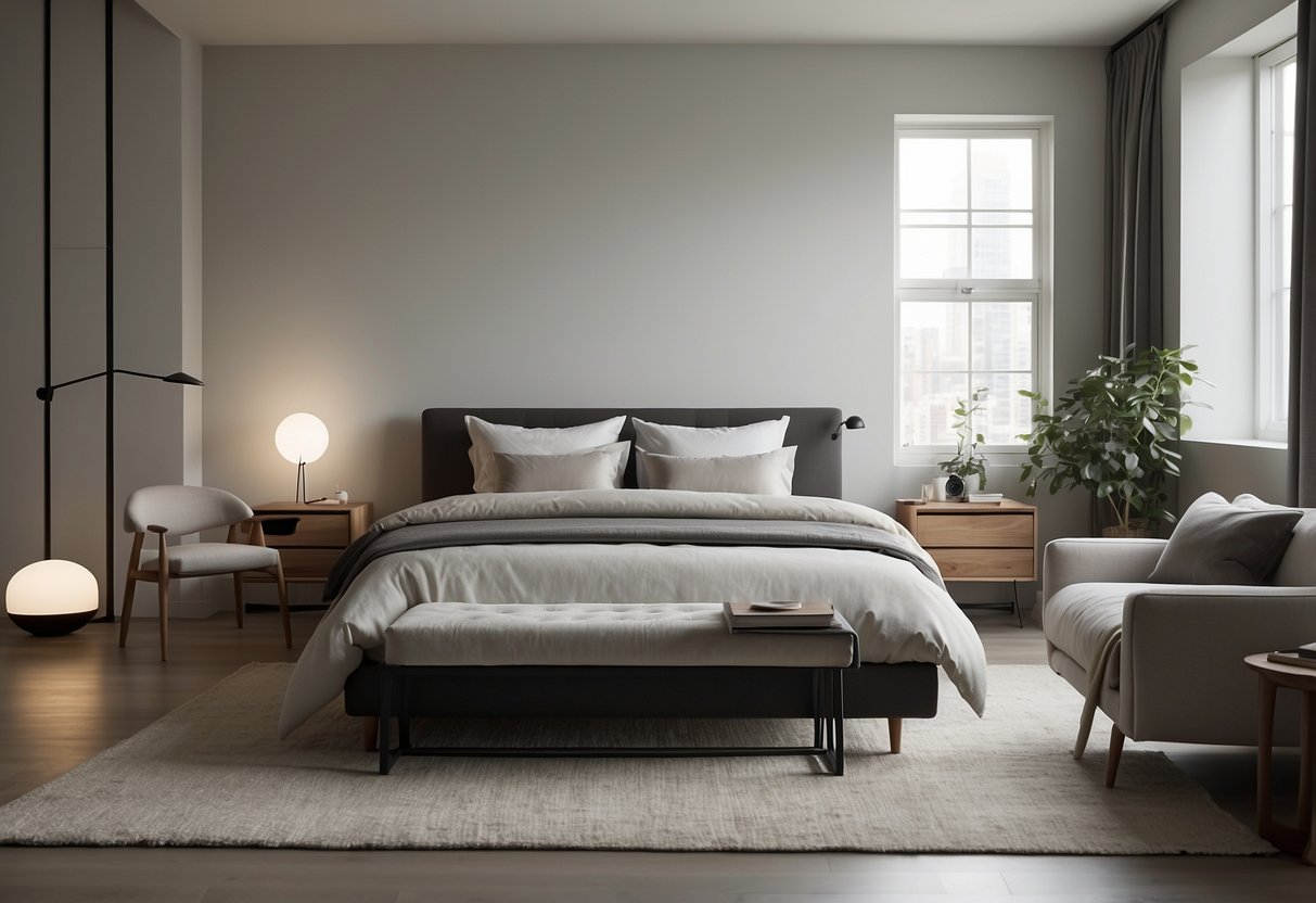 A minimalist bedroom with sleek furniture, clean lines, and neutral colors. A simple bed, a small nightstand, and a functional desk with a chair. No clutter, just a serene and organized space