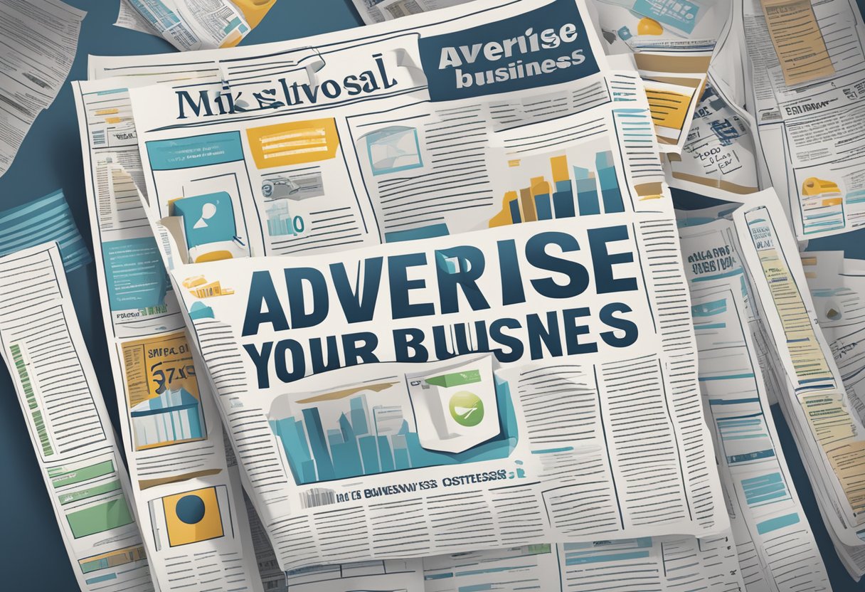 A newspaper with "Advertise Your Business" in bold font, surrounded by various business logos and contact information