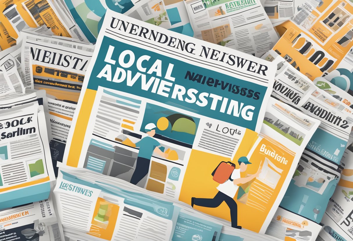 A local newspaper with a bold headline "Understanding Local Newspaper Advertising" surrounded by various business advertisements