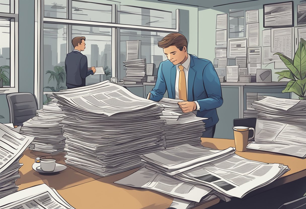 A busy local newspaper office with a stack of papers, a headline about "Realistic ROI," and a business owner eagerly expecting results