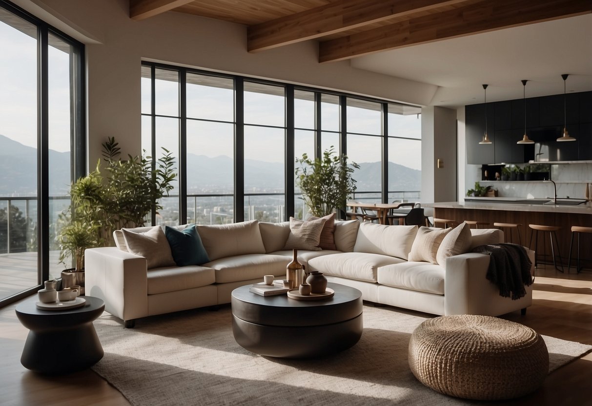 A well-lit living room with sleek, modern furniture arranged in a functional and aesthetically pleasing manner. The space is organized and clutter-free, with smart design elements incorporated throughout