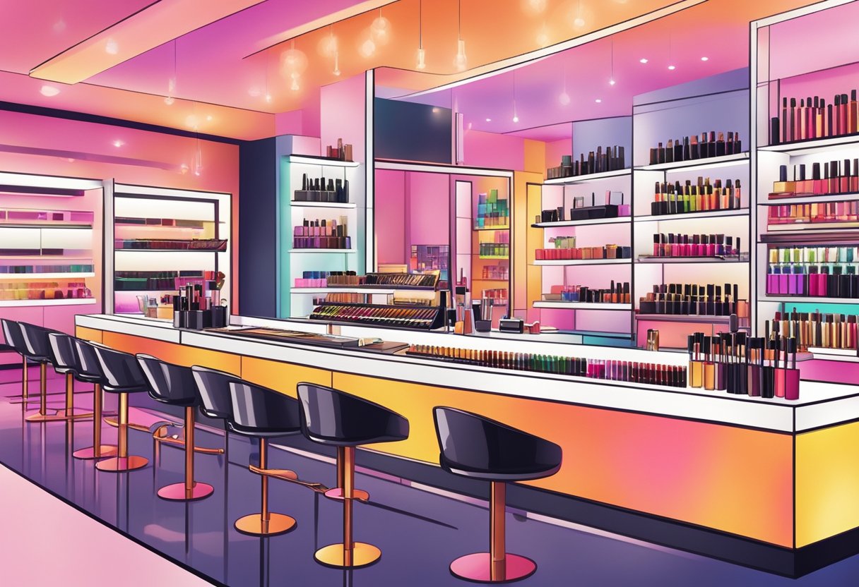 A vibrant display of makeup products arranged on a sleek, modern counter. Bright lights illuminate the area, drawing attention to the array of colors and textures. A sign with the business name and logo stands prominently in the background