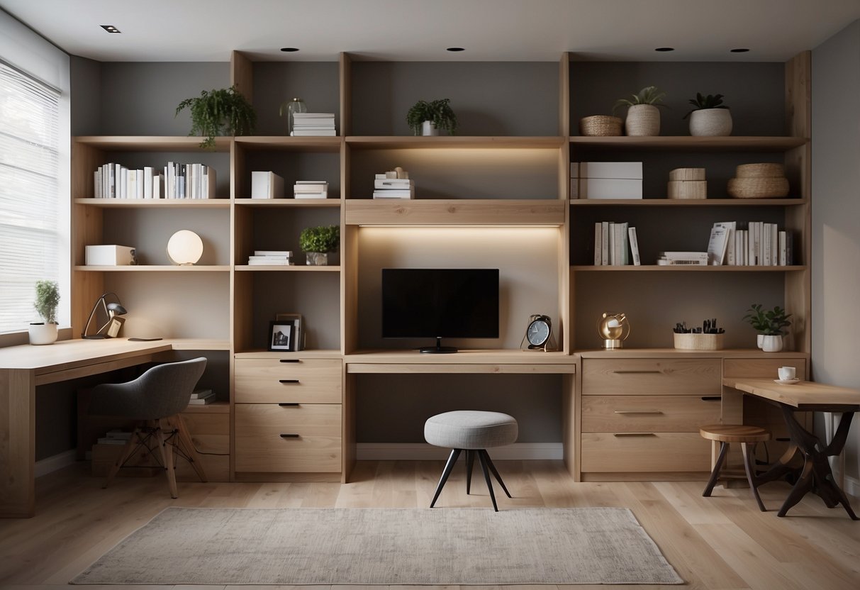 A room with custom furniture maximizing space, with fitted shelves, drawers, and cabinets. Efficient use of every corner and wall, creating a functional and organized living space