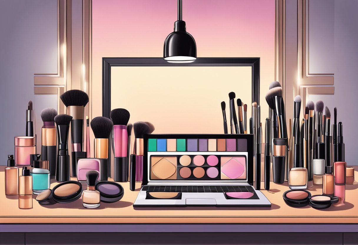 A table displays various makeup products and tools. A portfolio with professional photos of makeup looks sits next to it. Bright lighting highlights the setup