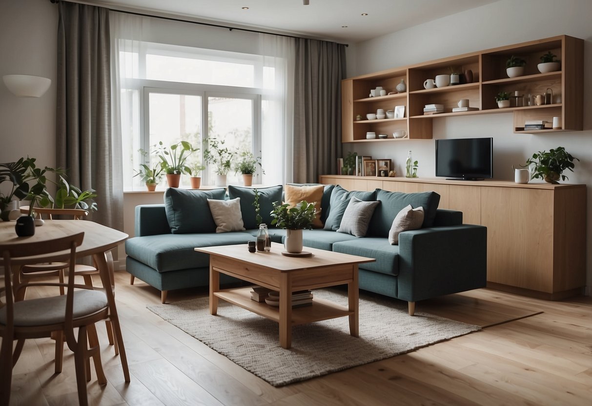 A well-organized living room with custom-built shelves, a multifunctional sofa bed, and a compact dining table maximizing space