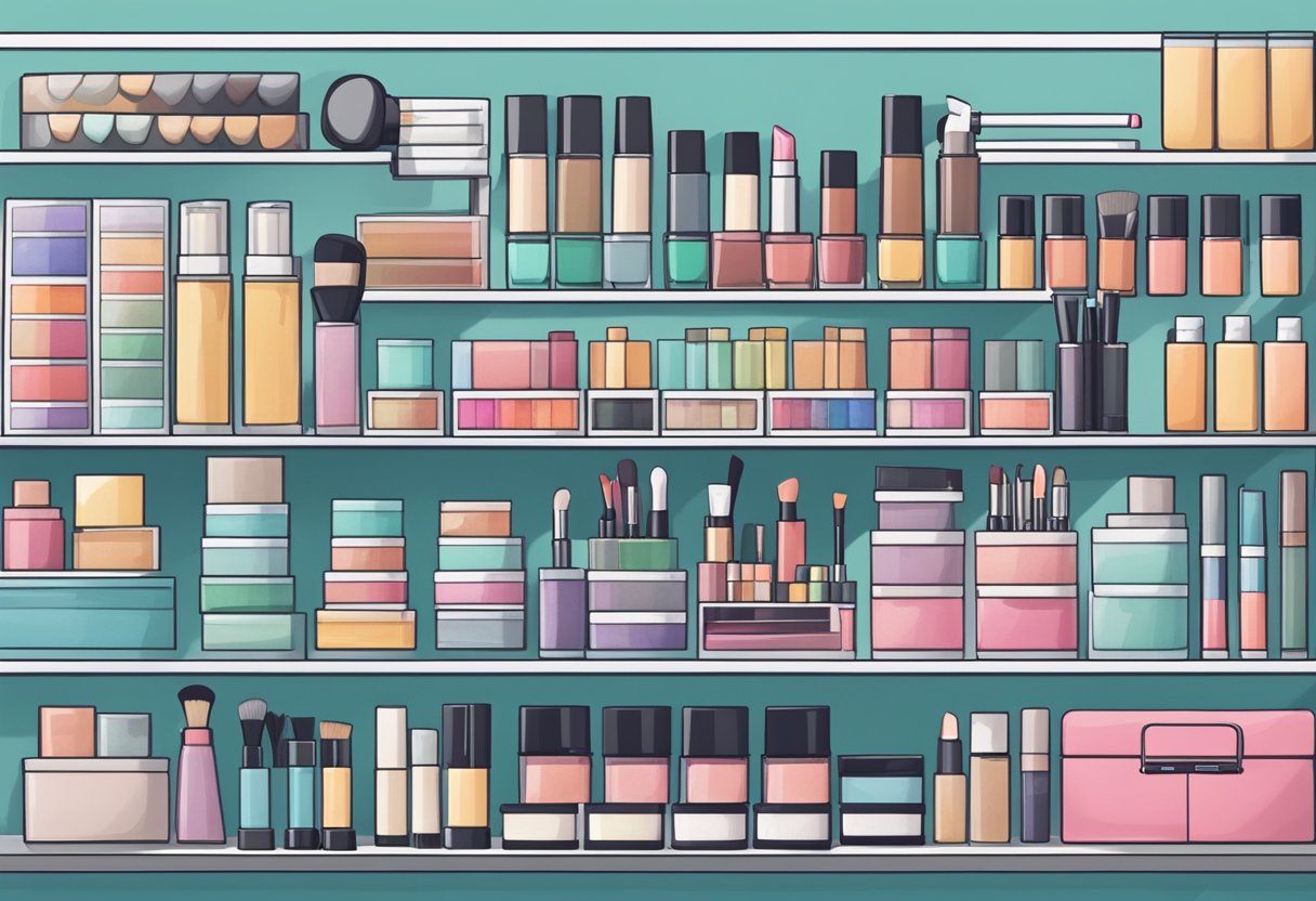 A clean and organized makeup display with various products neatly arranged and labeled, showcasing a professional and efficient inventory management system