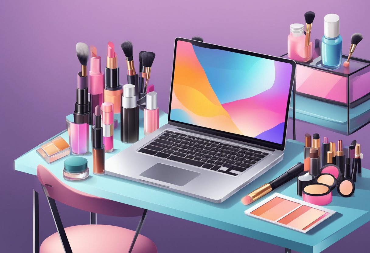 A makeup artist arranges products on a table, sets up a laptop for online sales, and places promotional materials around the display