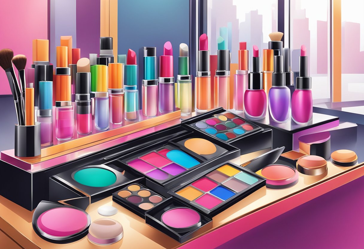 A vibrant display of makeup products arranged on a sleek, modern counter. A sign promotes special offers and a professional business card holder sits nearby