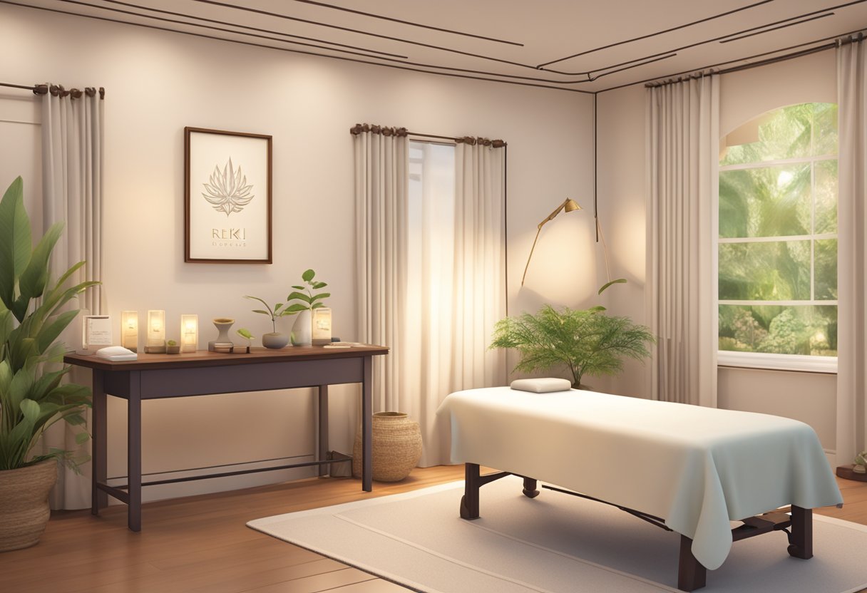 A serene room with soft lighting, a comfortable treatment table, and calming decor. A sign promoting reiki services and business cards displayed on a table