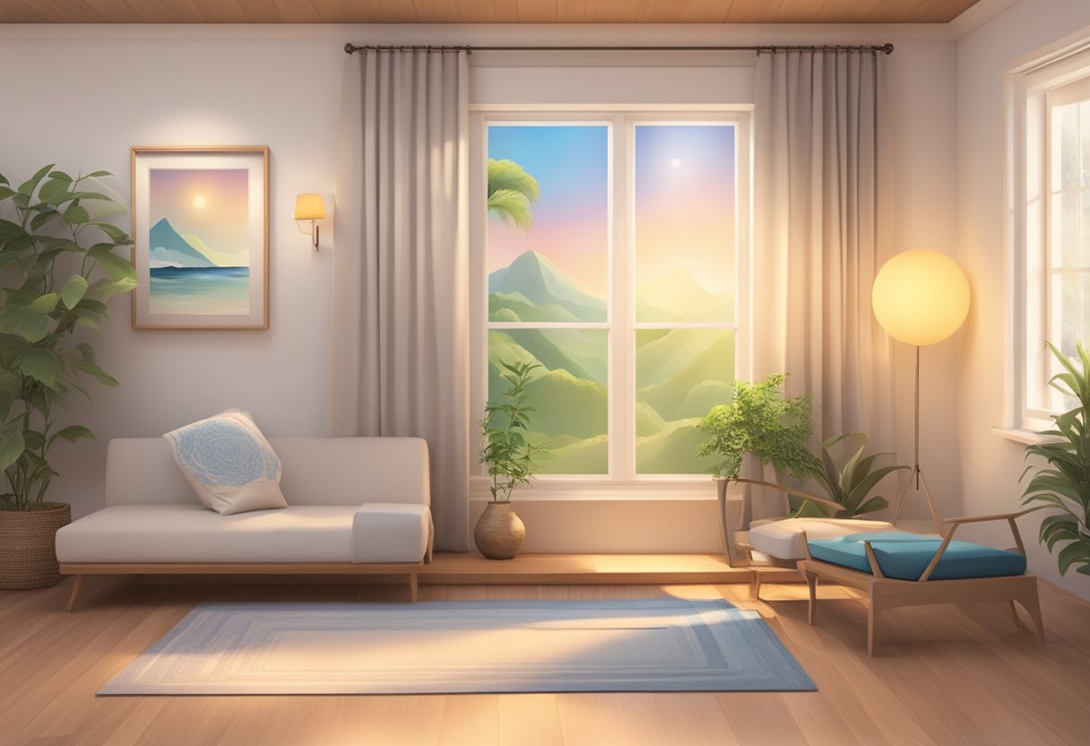 A peaceful room with calming decor, a sign promoting Reiki services, and a brochure display. Soft lighting and soothing music create a relaxing atmosphere