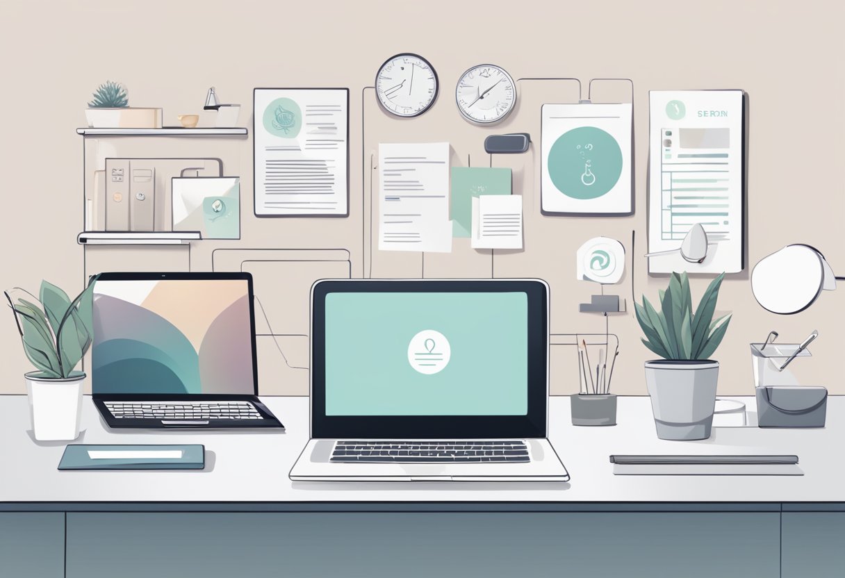 A serene, minimalist office space with a calming color palette. A laptop displaying a professional reiki website, surrounded by branding materials and social media icons