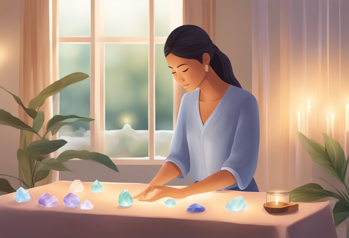 A serene, calming atmosphere with soft lighting and natural elements. A reiki practitioner gently placing healing crystals around a treatment table. A sense of peace and tranquility in the space