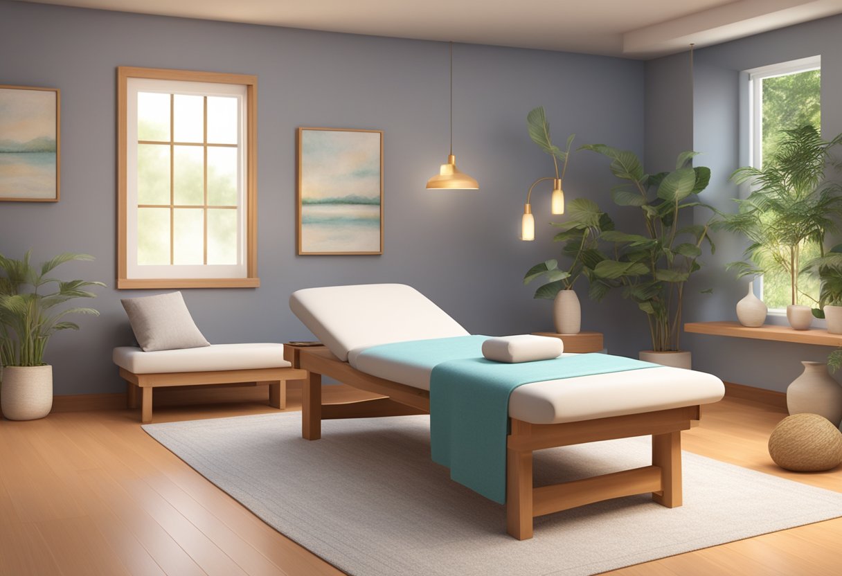 A serene reiki room with soft lighting, calming decor, and comfortable seating for clients. A welcoming atmosphere that promotes relaxation and healing