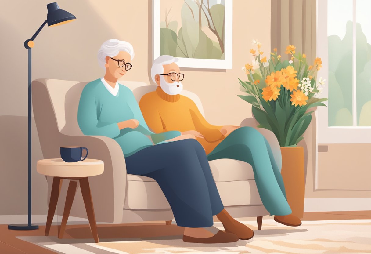 A cozy living room with a comfortable armchair, a warm blanket, and a side table with a vase of fresh flowers. A caregiver is nearby, offering assistance and support to a senior individual