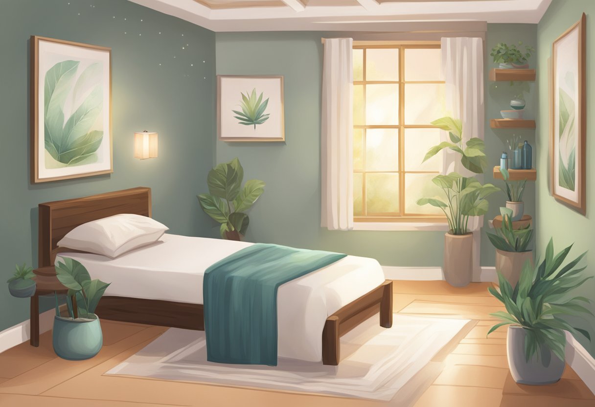 A serene room with soft lighting, calming decor, and a peaceful ambiance. A sign promoting reiki services hangs on the wall