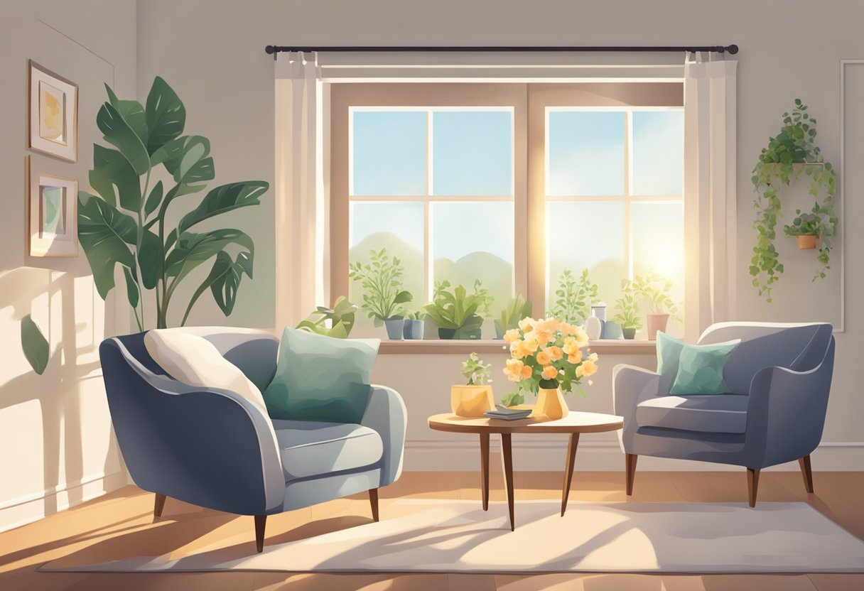 A cozy living room with sunlight streaming in, a comfortable armchair, and a table set with a vase of fresh flowers