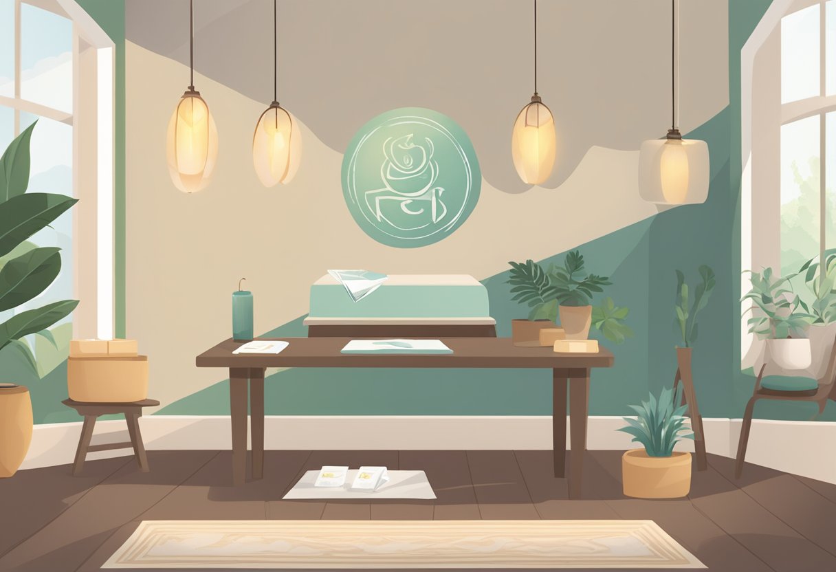 A serene room with soft lighting and calming decor. A sign promoting Reiki services hangs on the wall. A stack of business cards sits on a table