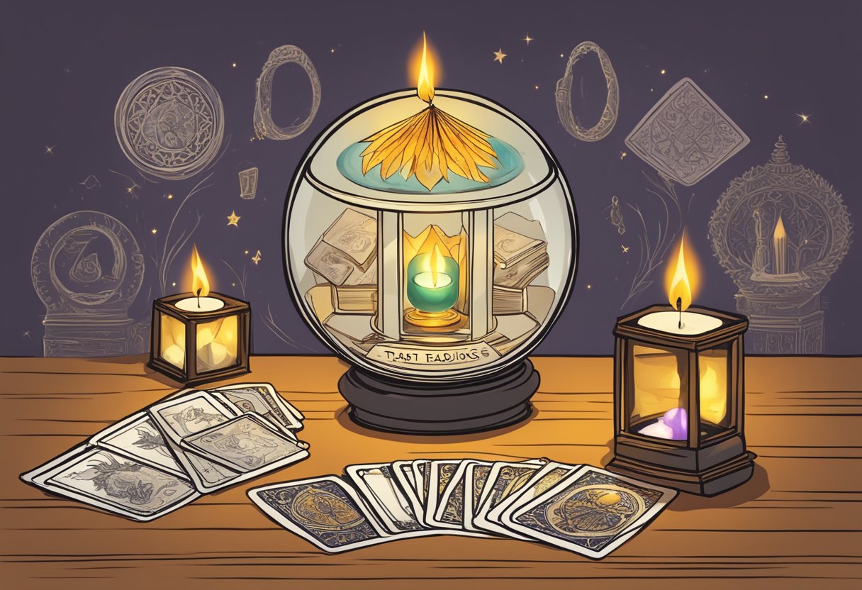 A table with a deck of tarot cards, a crystal ball, and a burning candle. A sign with "Tarot Readings" and contact information displayed prominently