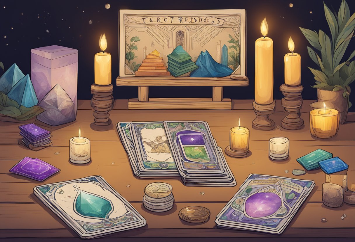 A table adorned with tarot decks, candles, and crystals. A banner promoting tarot readings and business cards displayed. Social media icons and a website link visible