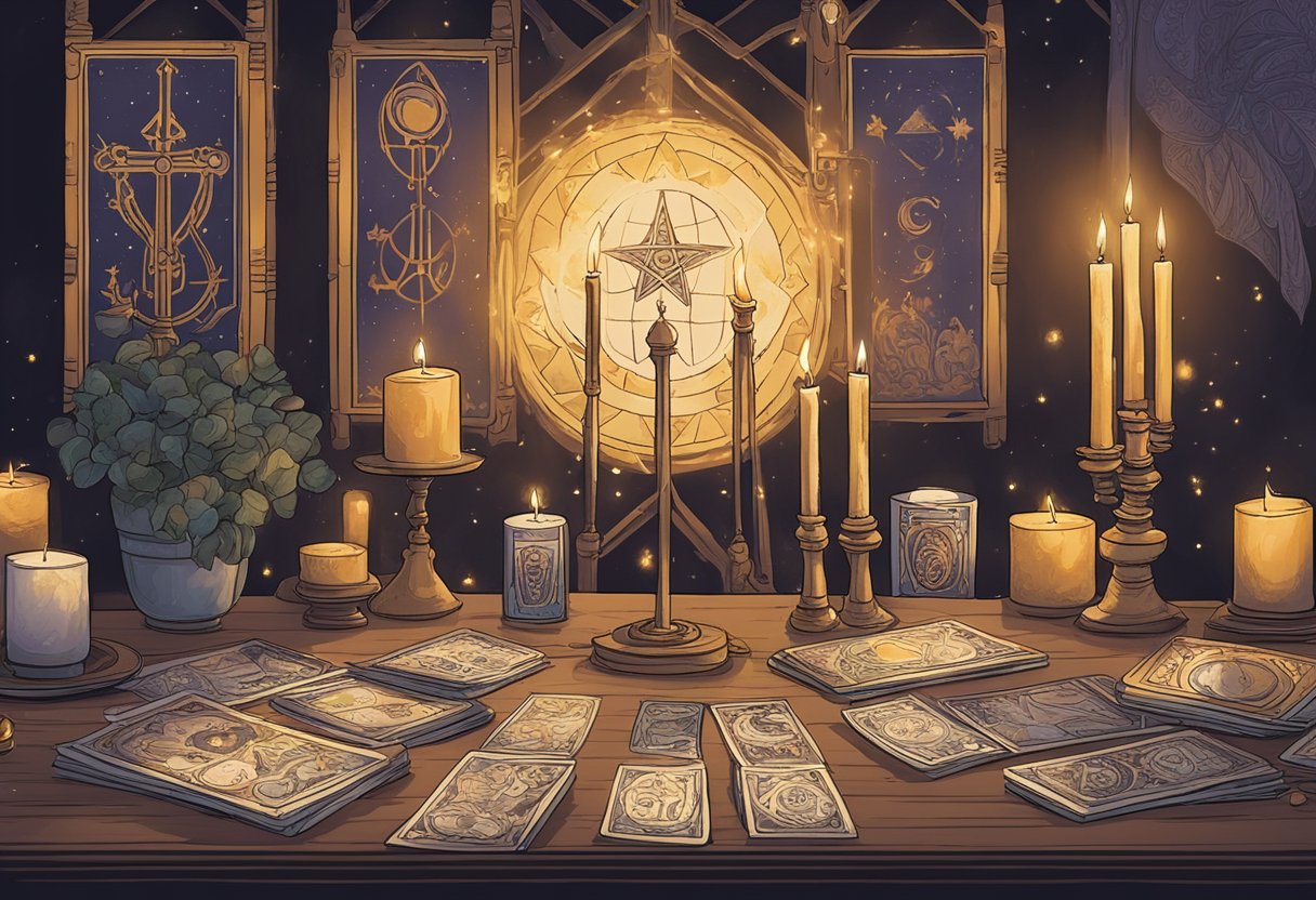 An open tarot deck surrounded by mystical symbols and candles, with a banner reading "Marketing Strategies for Reaching Your Audience" in a dimly lit room