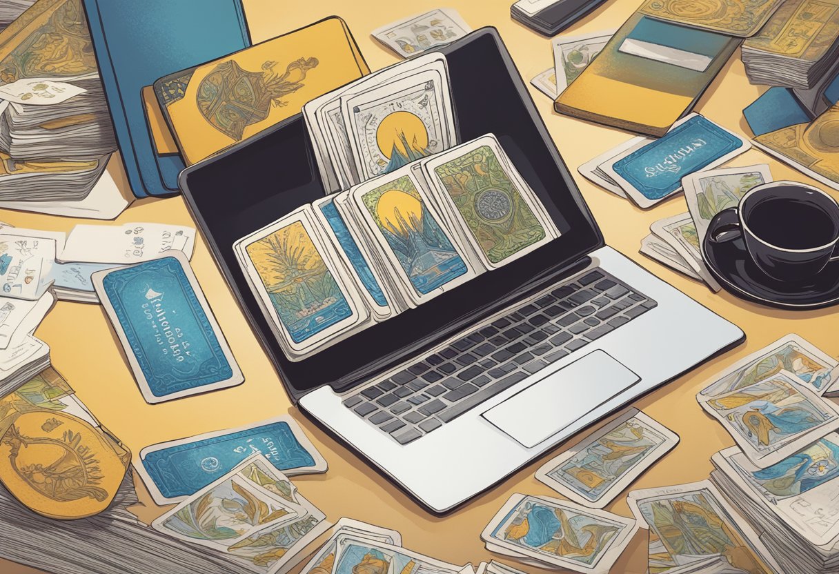 A table with tarot cards, a laptop showing social media, and a stack of business cards with "Tarot Readings" written on them