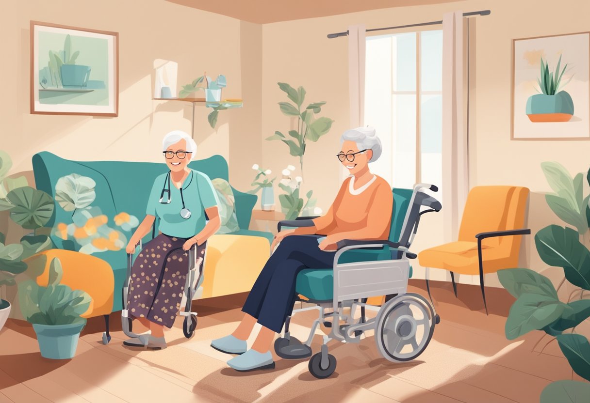 A smiling elderly woman sits comfortably in her living room, surrounded by a caring home healthcare provider and medical equipment