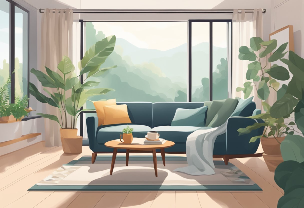 A cozy living room with a comfortable armchair, a warm blanket, and a table with a cup of tea and a book. The room is filled with soft natural light and plants, creating a peaceful and inviting atmosphere