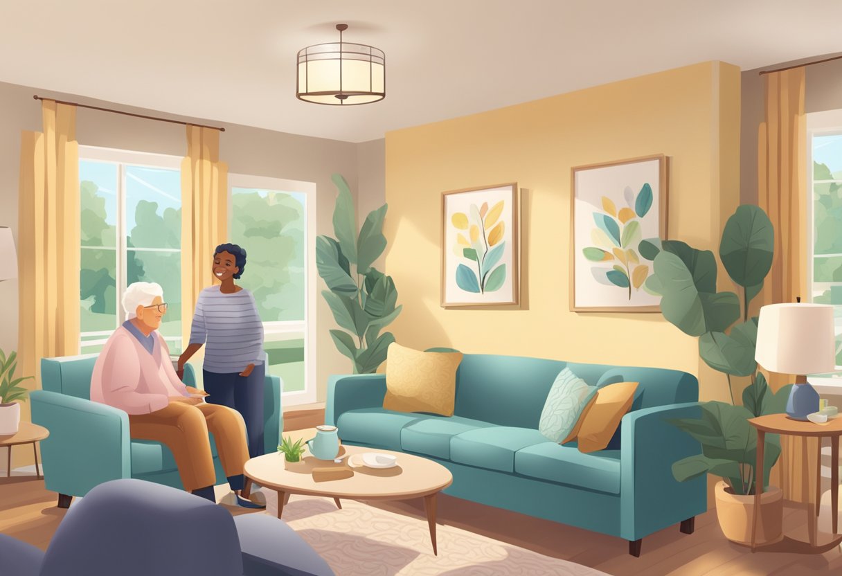 A cozy living room in an assisted living facility, with comfortable furniture, soft lighting, and cheerful decor. A caregiver from a home care agency is chatting with a resident, providing assistance and companionship