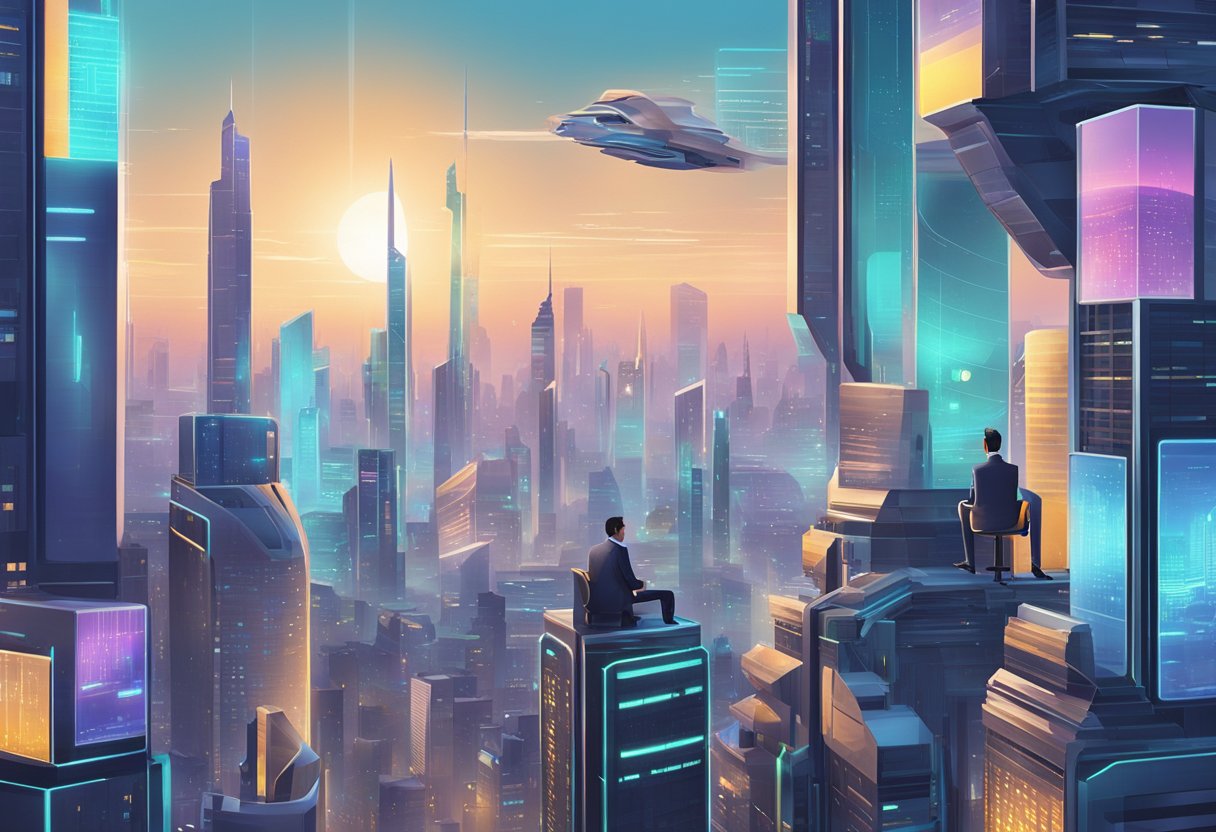 A futuristic city skyline with sleek, robotic financial advisors interacting with digital screens and charts, symbolizing the cutting-edge world of investment management