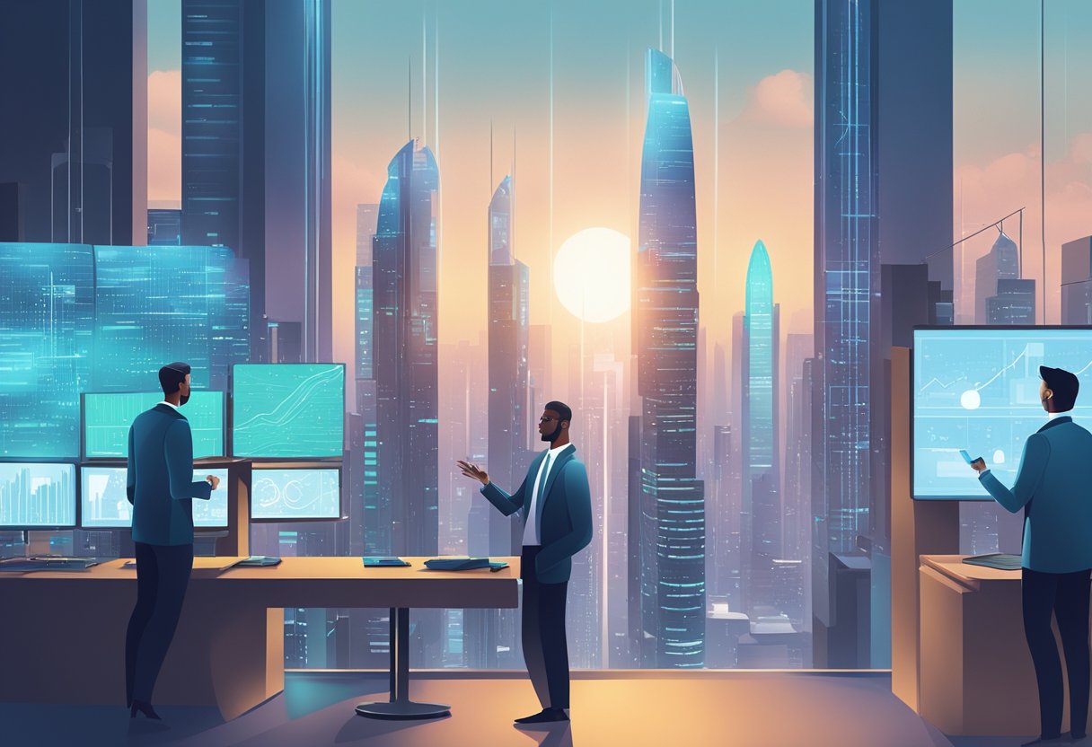 A futuristic cityscape with sleek, automated investment offices and digital screens displaying financial data. A robotic advisor interacts with a client, showcasing the cutting-edge technology of robo-advisors