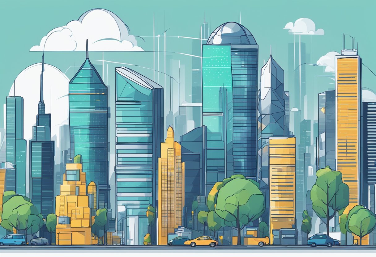 A modern city skyline with futuristic buildings and digital screens displaying investment data. Robo-advisors are depicted as sleek, advanced machines managing financial assets