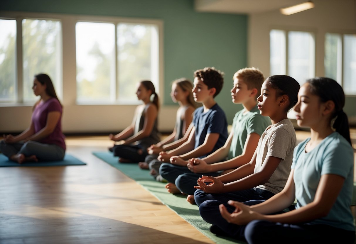 A peaceful classroom with students and educators engaged in mindful activities like meditation and deep breathing. The room is filled with calming colors and natural light, creating a serene and focused atmosphere. Mindfulness na Educação