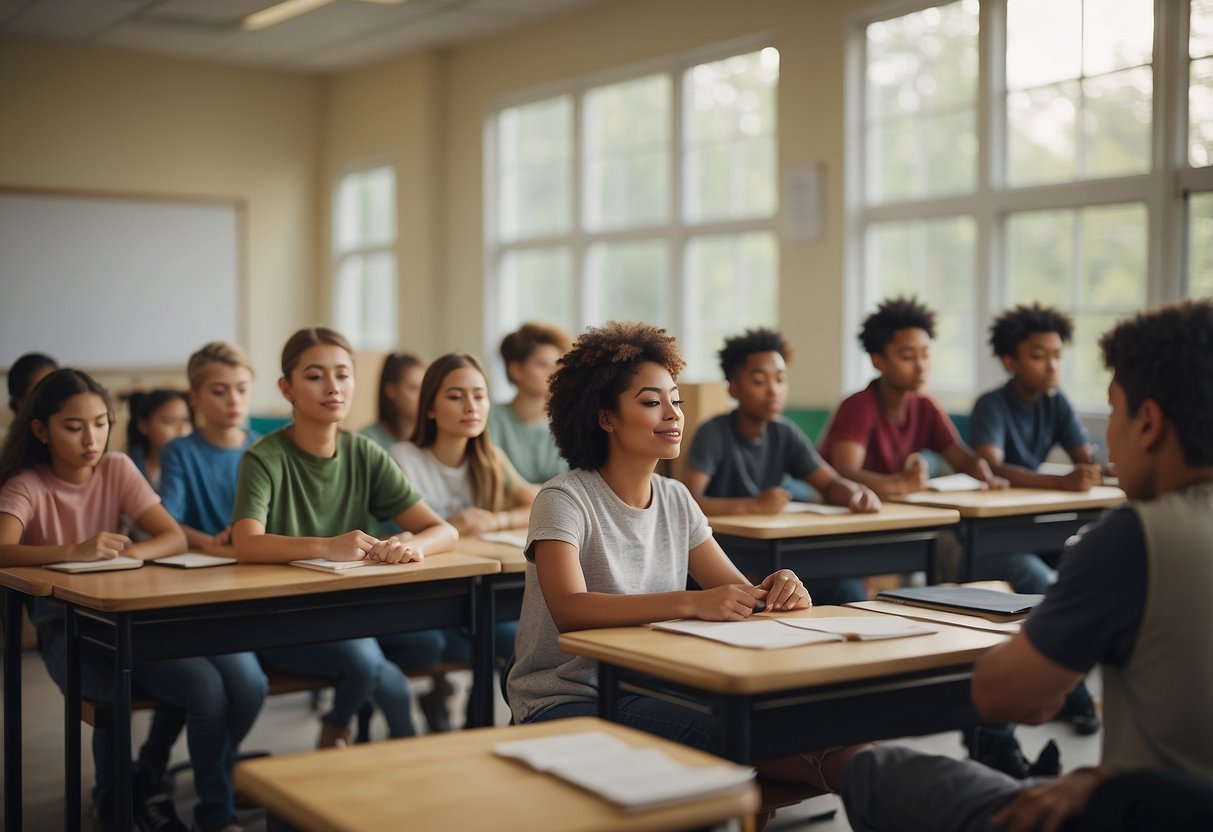 A peaceful classroom with students and educators practicing mindfulness, surrounded by calming colors and natural elements