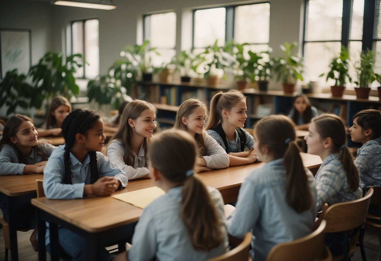 A serene classroom with students engaged in mindful activities, surrounded by a peaceful atmosphere and natural elements