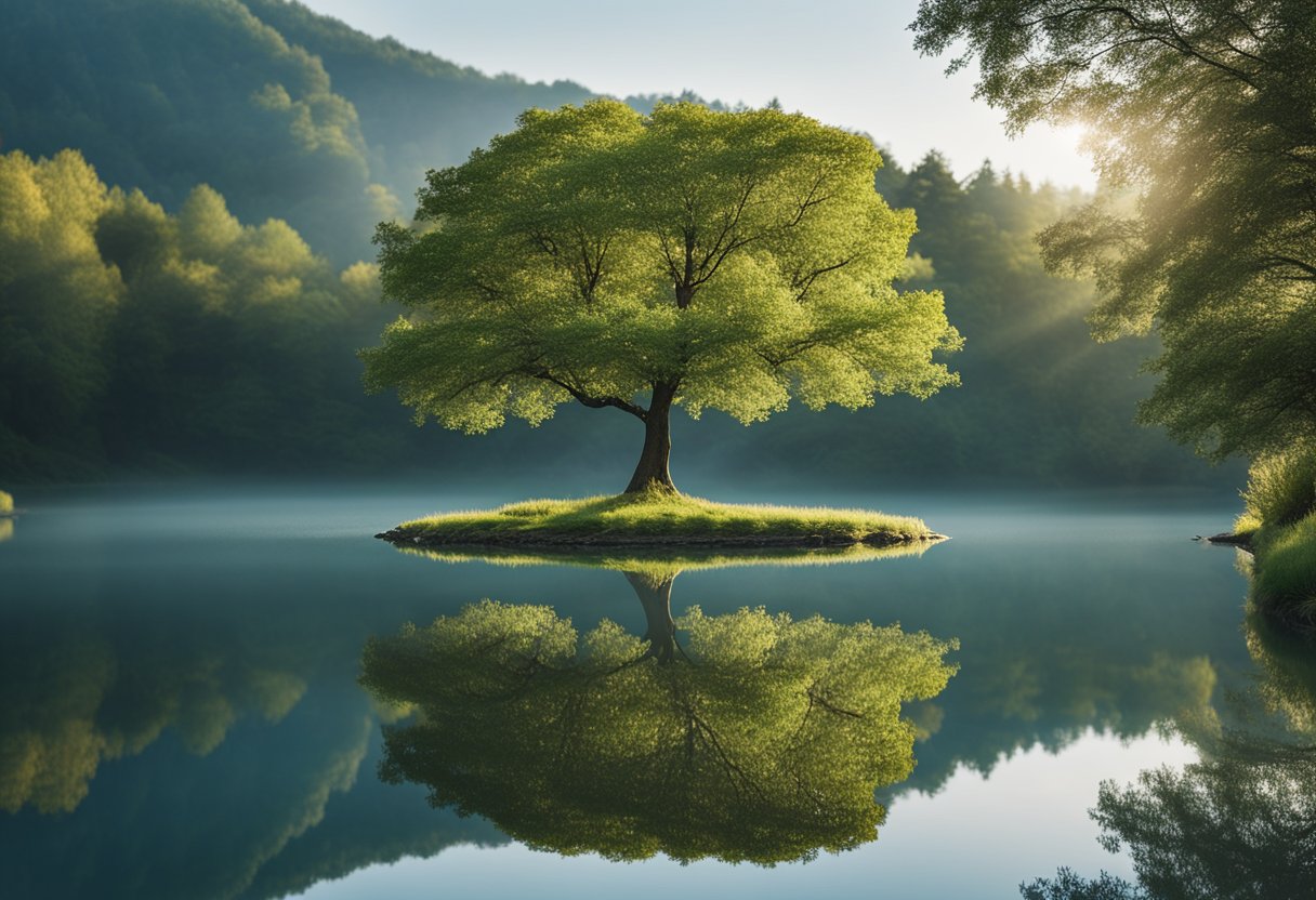 A serene landscape with a single tree, clear blue skies, and a tranquil pond reflecting the simplicity and calmness of nature