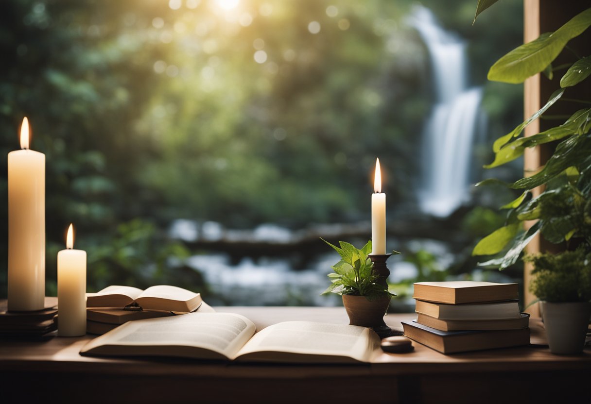 A serene, clutter-free room with a single lit candle and a stack of books, surrounded by calming nature elements like plants and a flowing stream