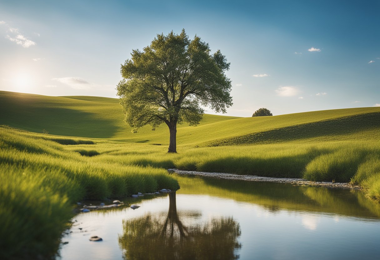 A serene landscape with a lone tree, clear blue skies, and a peaceful stream flowing through a meadow