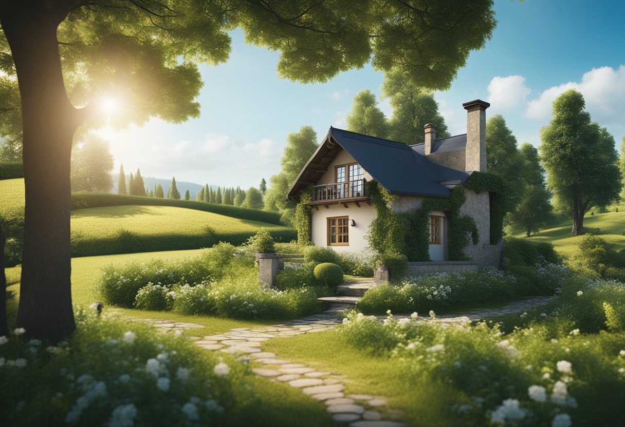 A serene countryside with a small, cozy cottage surrounded by lush greenery and a clear blue sky, conveying a sense of peace and contentment