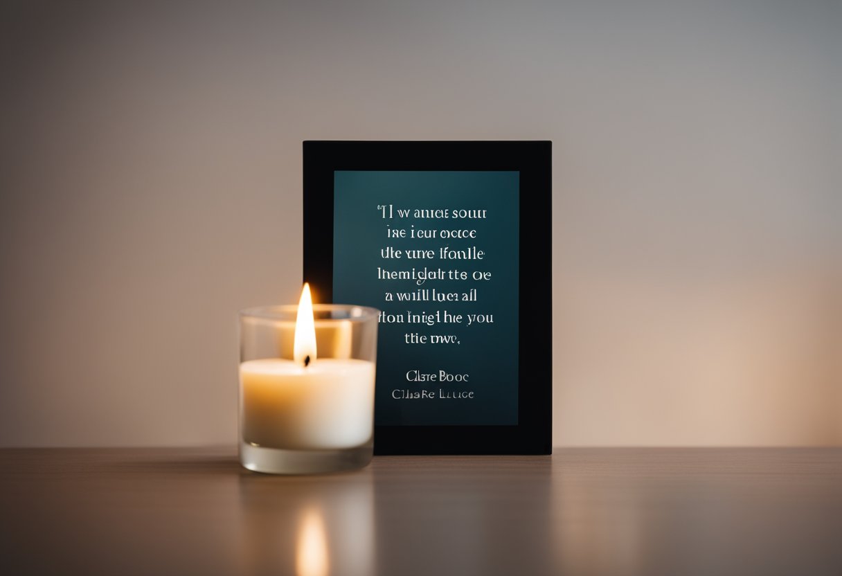 A serene, minimalist room with a single candle burning, casting a soft glow on a quote by Clare Boothe Luce