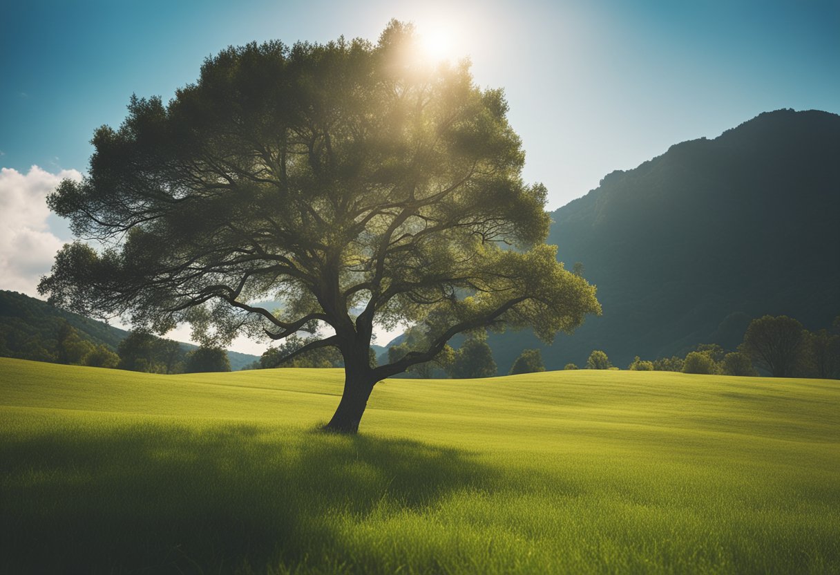 A serene landscape with a single tree and a clear blue sky, representing simplicity and tranquility