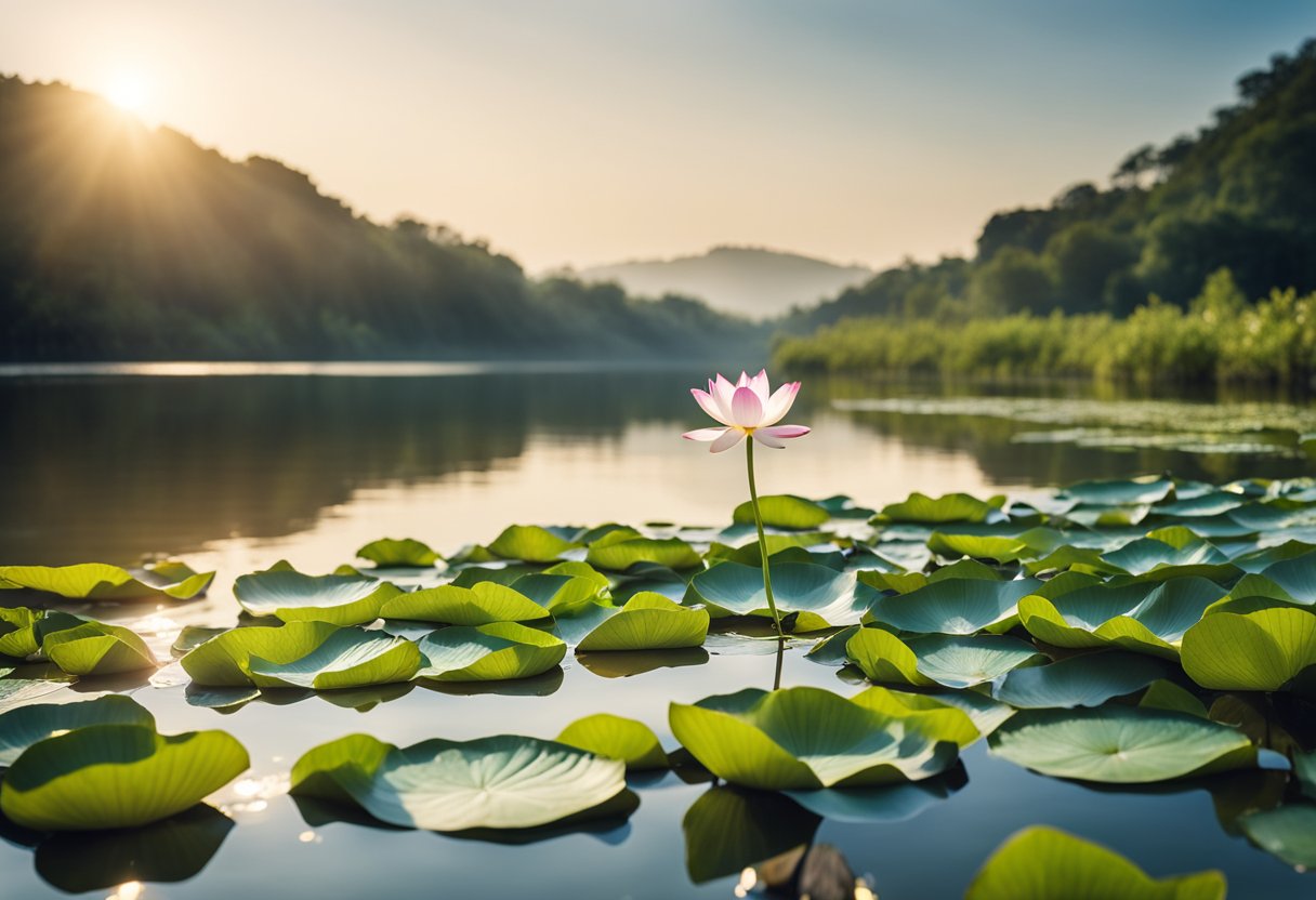 A serene landscape with a flowing river, a single blooming lotus flower, and a clear blue sky, representing simplicity and tranquility