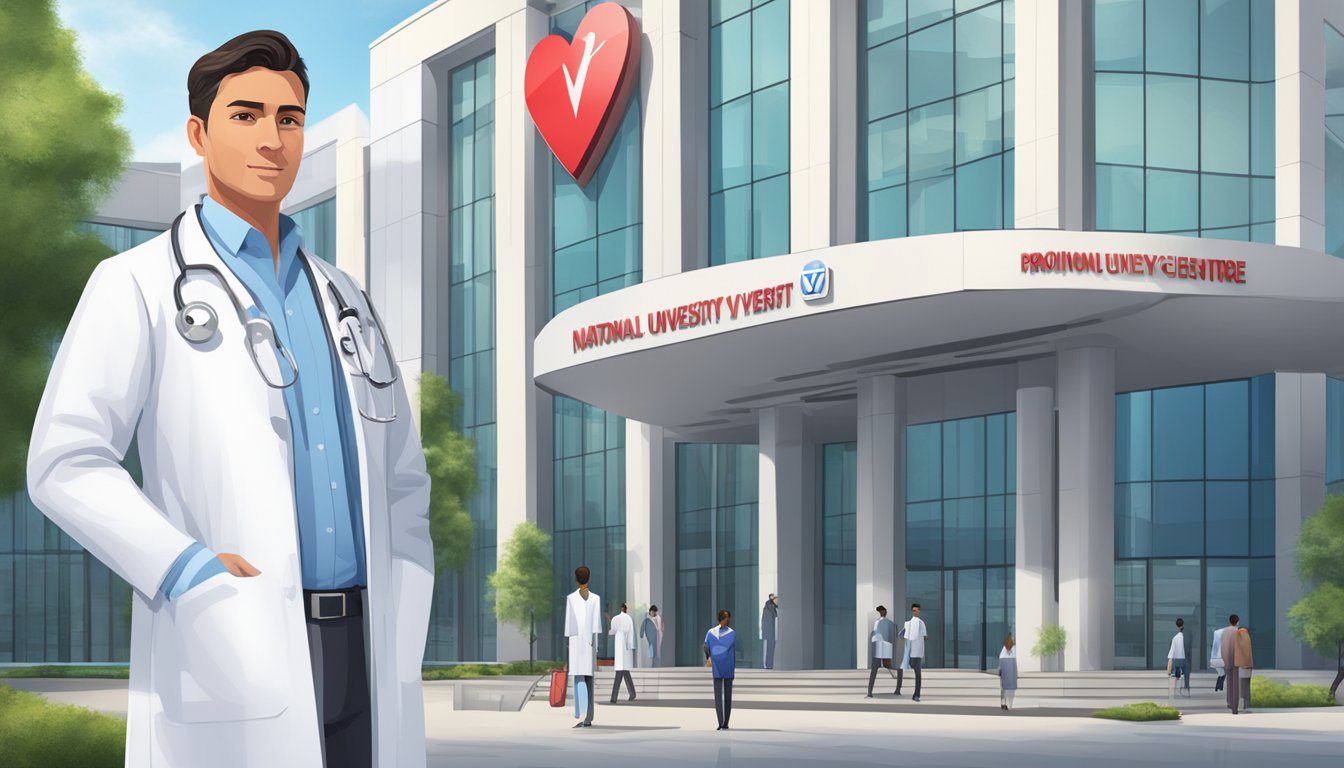 A cardiologist in a white coat stands in front of a modern hospital building with the sign "National University Heart Centre | SG" prominently displayed